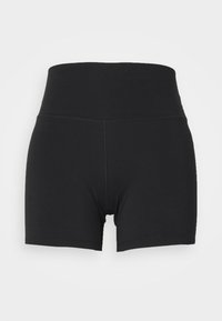 Shorts de sport noirs taille haute avec une large ceinture et des coutures plates pour un ajustement lisse et confortable.