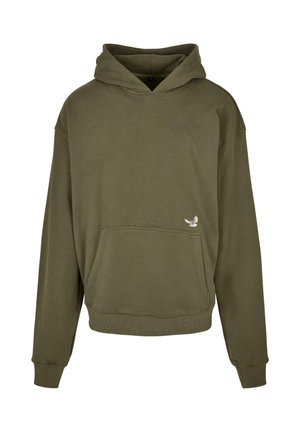 Olivovozelená mikina vyrobená z mäkkej látky, s prednou kapsou a malým vyšitým dizajnom vtáka na spodnej strane.