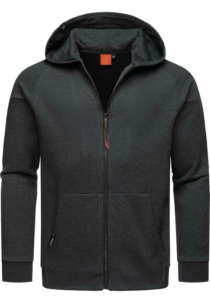 Sudadera con cremallera para hombre fabricada en un tejido gris oscuro de textura suave, que cuenta con una capucha, dos bolsillos frontales y puños acanalados.