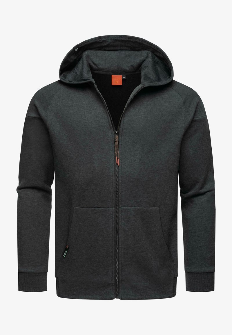 Herren Zip-Top-Hoodie aus dunkelgrauem Stoff mit weicher Textur, ausgestattet mit einer Kapuze, zwei Fronttaschen und gerippten Bündchen.
