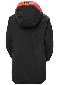 Black waterproof jacket with a red-accented hood. Features a smooth texture, a regular fit, and the brand logo on the back.