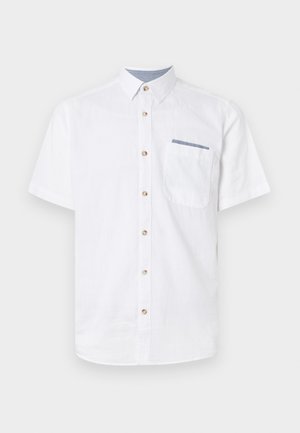 Rövid ujjú, fehér, pamut ing, gomboló elülső résszel, barna gombokkal és egy kék díszítésű mellzsebből.