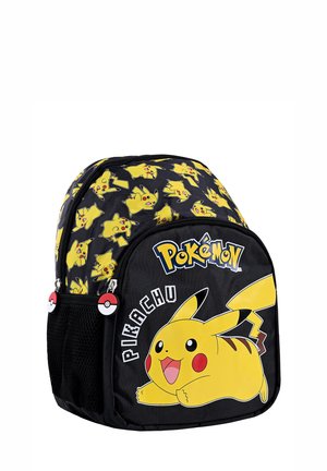 Black backpack with multiple yellow Pikachu characters, large Pikachu on front pocket, Pokémon logo, and Poké Ball zipper pulls.