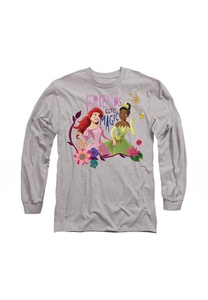 Gray long-sleeve shirt featuring animated characters, text "Friends are Magic," floral accents, and vibrant colors against a neutral background.