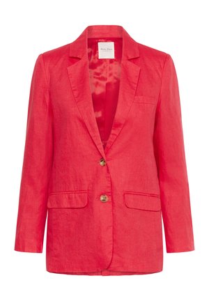 Röd linnetyg blazer med enknapp fram, notchade kragar och två framfickor. Den släta satinfodringen ger en kontrasterande textur.
