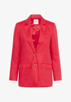 Rode linnen blazer met een enkele knoop aan de voorzijde, gesneden revers en twee voorzakken. Het gladde satijnen voering voegt een contrasterende textuur toe.