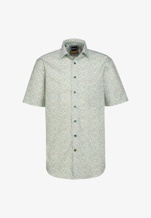 Camicia a maniche corte con bottoni in tessuto verde pallido con un motivo floreale. Presenta un colletto e bottoni a contrasto. Leggera e traspirante.