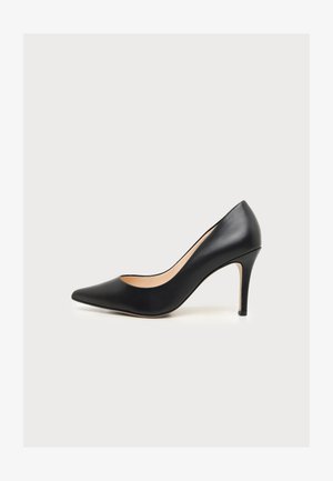 Schwarzer Lederschuh mit spitz zulaufender Zehenpartie und dünnem Stiletto-Absatz, seitlich auf weißem Hintergrund dargestellt.