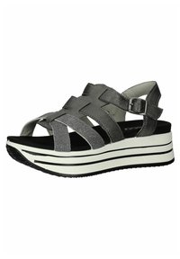 Gray platform sandals with crisscross straps, adjustable buckle, synthetic material, black textured sole, and white striped midsole.