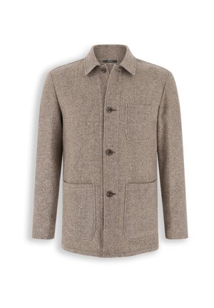 Manteau en mélange de laine couleur taupe, avec un col pointu, une fermeture boutonnée sur le devant et trois poches plaquées sur fond blanc.