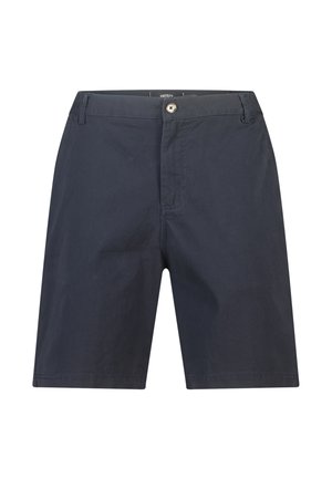 Marineblauwe knielange shorts met voorste knoop- en ritssluiting, riemlussen en een rechte snit op een witte achtergrond.