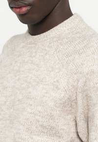 Beige knitted sweater with a textured pattern, round neckline, and raglan sleeves. Soft, cozy material with a slightly heathered appearance.