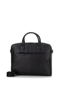 Schwarze Laptoptasche aus Leder mit glatter Textur, doppelten oberen Griffen, einer vorderen Reißverschlusstasche und abnehmbarem Schultergurt. Minimalistisches Design.