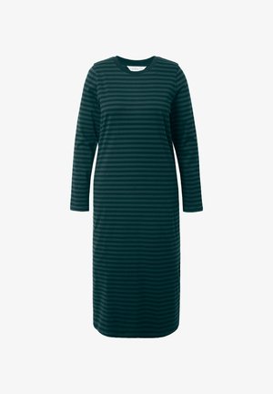 Vestido de manga larga hecho de una tela suave, en color verde oscuro con rayas horizontales en verde claro, con un escote redondo y un corte relajado.