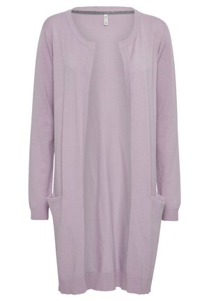 Light purple cardigan with long sleeves, open front, ribbed cuffs, and two front pockets. Soft, lightweight fabric with a smooth texture.
