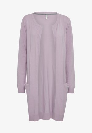 Svetlofialový kardigán s dlhými rukávmi, otvoreným predným dielom, rebrovanými manžetami a dvoma prednými vreckami. Mäkká, ľahká tkanina s hladkou textúrou.