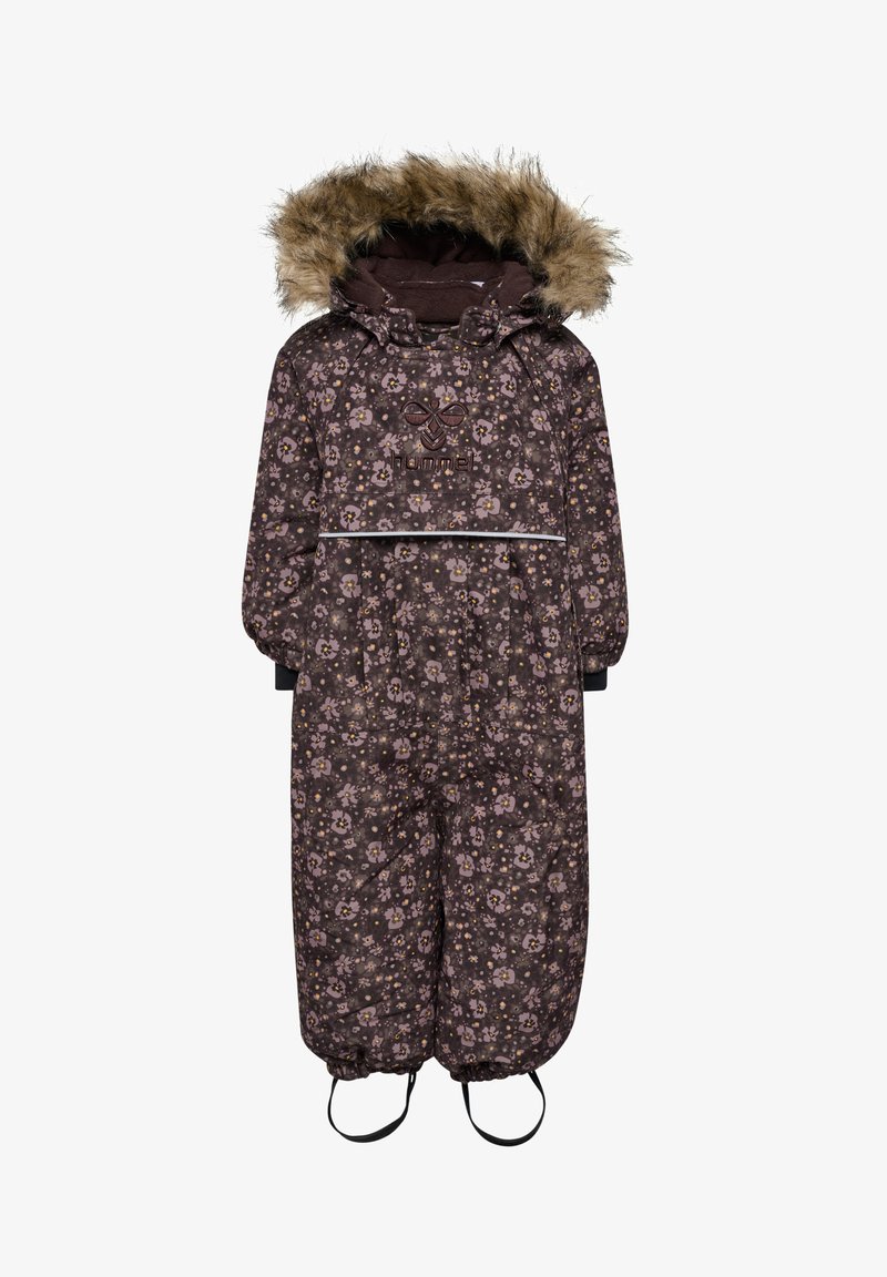 Braun floral gemusterter Schneeanzug mit einer mit Kunstpelz gefütterten Kapuze, elastischen Bündchen und verstellbaren Riemen an den Knöcheln. Mit Logo auf der Brust.