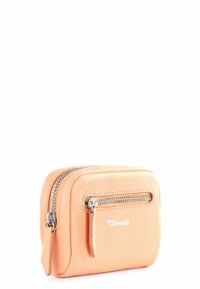 Peach leather wallet with a textured surface, featuring a main zipper and a front pocket zipper. Silver hardware and logo detail visible.