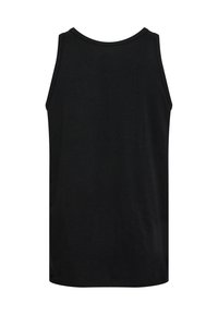Sort tanktop lavet af blød stof, med en rund halsudskæring og ærmeløs design. Glat tekstur med en standard skæring ved kanten.