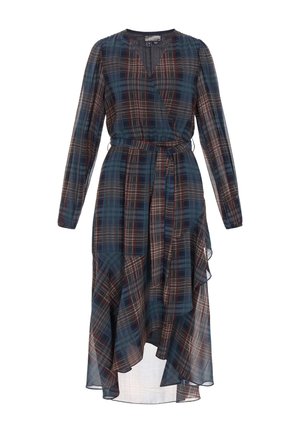 Blau-grünes kariertes Wickelkleid mit langen Ärmeln, Rüschensaum und tailliertem Bund. Hergestellt aus einem leichten, semi-transparenten Stoff.