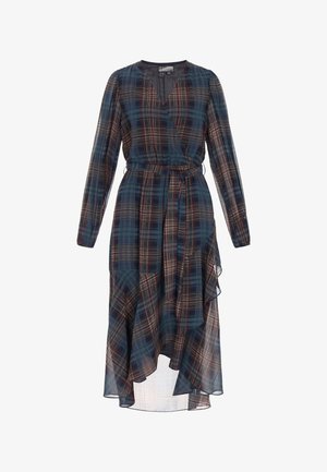 Blauwe en groene geruite wikkeljurk met lange mouwen, een rucheszoom en een ceintuur om de taille. Gemaakt van een lichte, semi-doorzichtige stof.