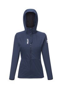 Veste zippée bleu marine avec capuche, en matériau léger, dotée d'un col montant, d'un design ajusté et d'accents de logo sur la poitrine et la manche.