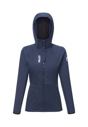 Navy blue zip-up jacket with a hood, made of lightweight material, featuring a high collar, fitted design, and logo accents on the chest and sleeve.