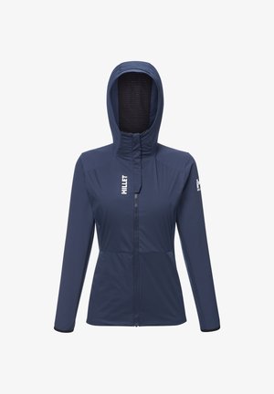 Navy blue zip-up jacket with a hood, made of lightweight material, featuring a high collar, fitted design, and logo accents on the chest and sleeve.