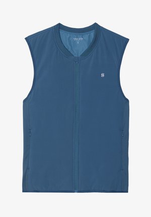 Modra brezrokavnik iz lahkega blaga. Ima sprednji zadrgo in dve stranski žepki. Preprost dizajn z okroglim ovratnikom in logotipom.