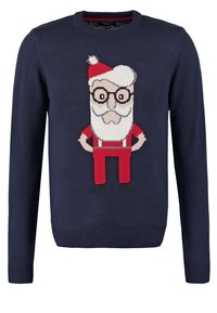 Granatowy sweter z długimi rękawami, ozdobiony dzierganym motywem Świętego Mikołaja w kolorach czerwonym, białym i czarnym. Wykonany z miękkiego materiału z ściągaczami na mankietach.