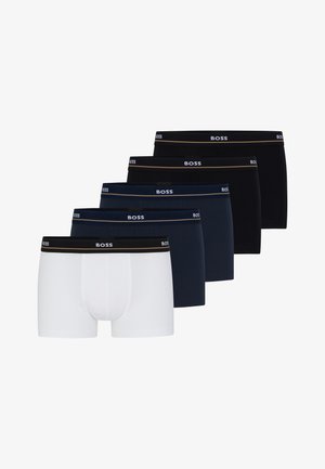 Fünf Paar Herren-Boxershorts in Weiß, Dunkelblau und Schwarz. Hergestellt aus weichem Stoff, verfügen sie über einen elastischen Bund mit Markenlogo und einer kontrastierenden Linie.