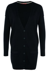 Cardigan noir à manches longues avec un col en V profond, six boutons devant et deux poches à l'avant.