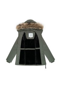 Olivgrön parkajacka med huva klädd i fuskpäls, svart plyschinredning, framzip och två inn pockets.