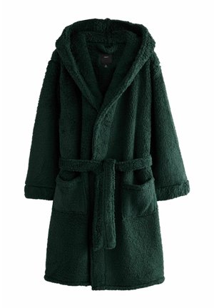 Dunkelgrüner texturierter Fleece-Bademantel mit Kapuze, langen Ärmeln, Gürtel zum Binden in der Taille und Vorderseitentaschen.