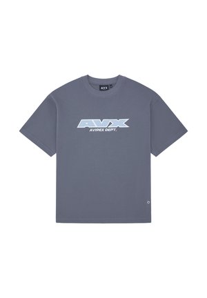 Grijze katoenen t-shirt met een blauw logo "AVX" en "AVIREX DEPT." afgedrukt op de voorkant. Ronde hals en korte mouwen. Klassieke pasvorm.