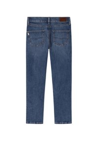 Temno modri traper hlače s slim fit krojem, z ravnim nogavicom, dvema zadnjima žepoma in usnjenim oznako na pasu.