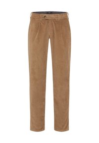 Pantaloni in corduroy di colore marrone chiaro, con taglio dritto, pieghe frontali e chiusura con bottone. Tessuto morbido con un sottile motivo a coste.