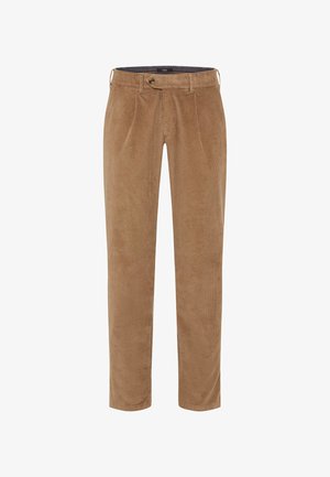 Hellbraune Cordhosen mit geradem Schnitt, Bundfalten und Knopfverschluss. Glatte Textur mit feinem Rippenmuster.