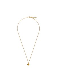 Goldene Halskette mit einem runden Anhänger, der ein strukturiertes Blumenmuster zeigt. Verstellbare Kettenlänge für eine individuelle Passform.