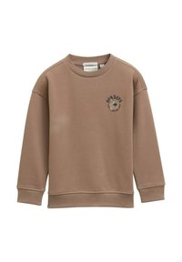 Sweatshirt marron en tissu doux, avec un col rond, des manches longues et un imprimé graphique d'un ours souriant sur le devant.