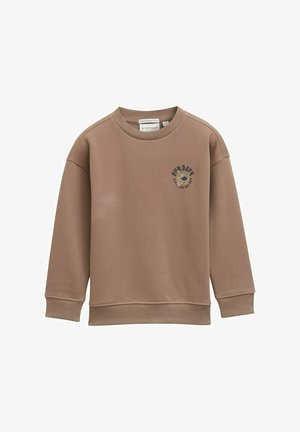 Felpa marrone realizzata in tessuto morbido, con scollo rotondo, maniche lunghe e stampa grafica con un orso sorridente sul davanti.