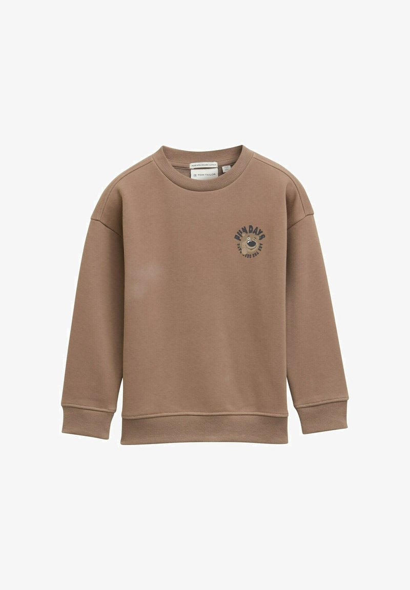 Sweatshirt marron en tissu doux, avec un col rond, des manches longues et un imprimé graphique d'un ours souriant sur le devant.