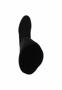 Bota de ante negra hasta la rodilla con punta redonda y un acabado liso y mate. Diseño de tobillo ligeramente arrugado y sin herrajes visibles.