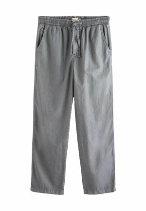 Graue Freizeit-Hose mit elastischem Bund und Kordelzug, ausgestattet mit Seitentaschen und einem entspannten, gerade geschnittenen Bein.