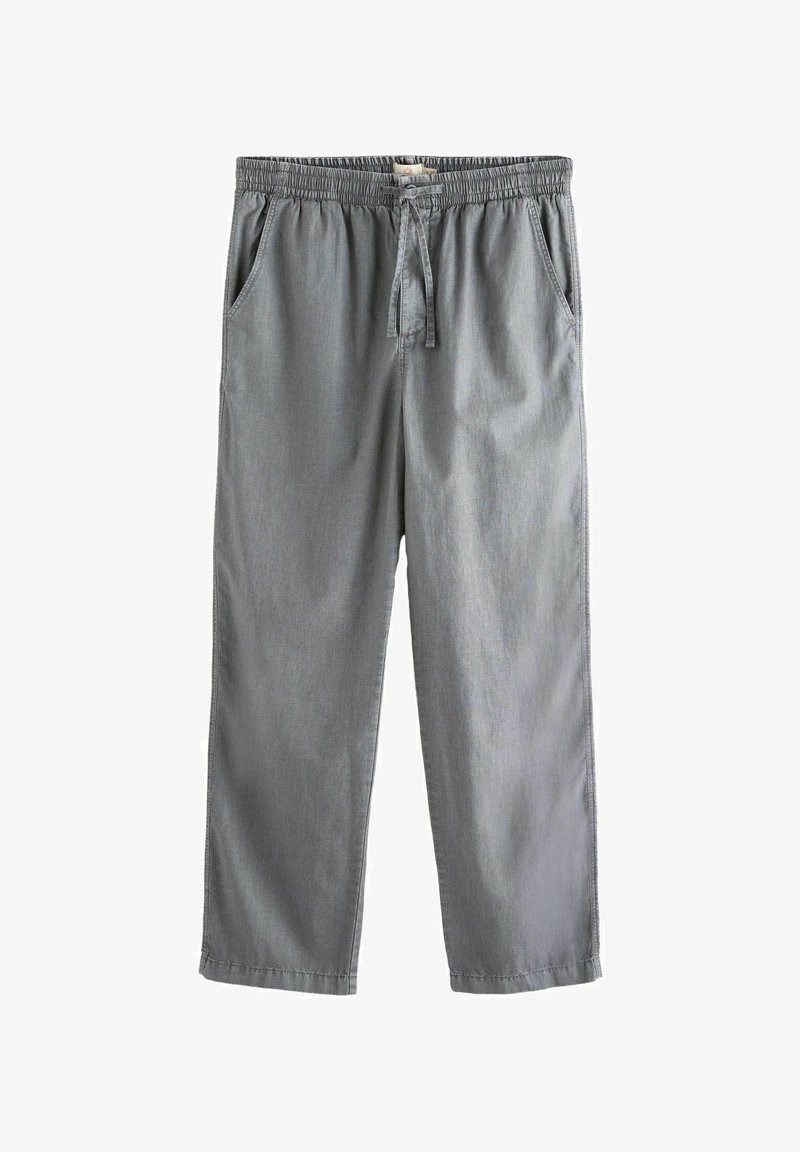Pantalon décontracté gris avec taille élastique et cordon de serrage, doté de poches latérales et d'une coupe droite décontractée.