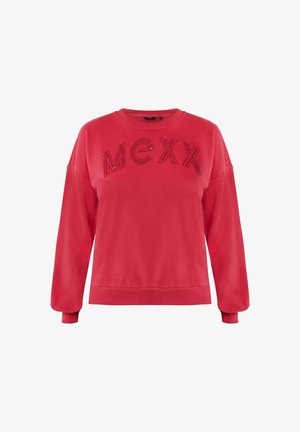 Rode sweatshirts met lange mouwen, geribbelde boorden en halslijn. Heeft de letters "MCXX" in textuur geborduurd over de voorkant.