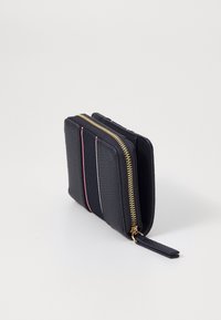 Navy leather wallet with a textured finish, featuring a gold zipper and multi-colored stripes. Compact, square shape with a side loop.