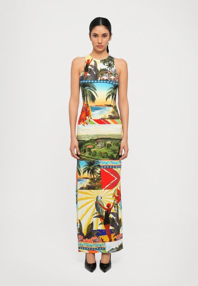 Abito maxi senza maniche con una stampa tropicale vivace che rappresenta scene della natura, uccelli e paesaggi in colori brillanti. Tessuto morbido.