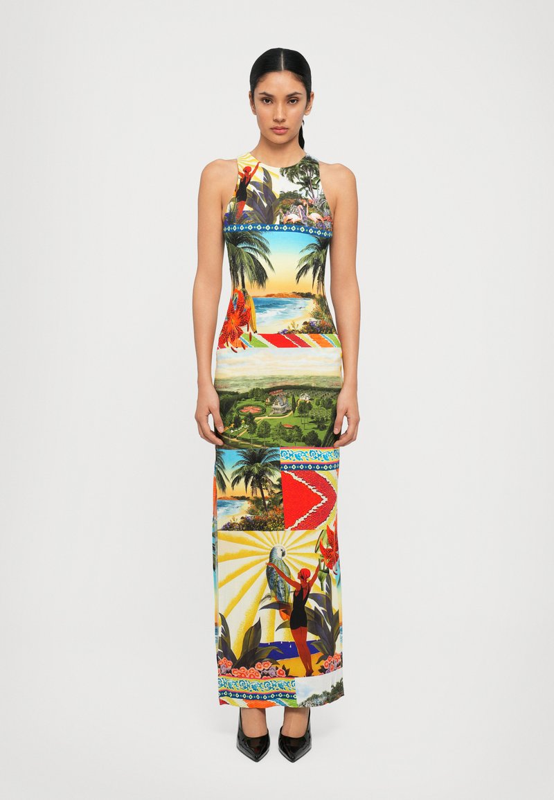 Rochie maxi fără mâneci, cu un imprimeu tropical vibrant ce prezintă peisaje de natură, păsări și peisaje în culori strălucitoare. Țesătură fină.
