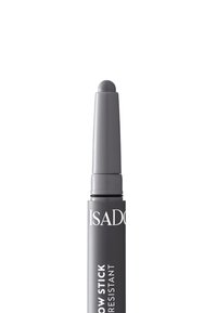 Crayon à paupières gris avec une pointe arrondie et un mécanisme à vis, présentant une finition mate et une branding imprimée pour une identification facile.
